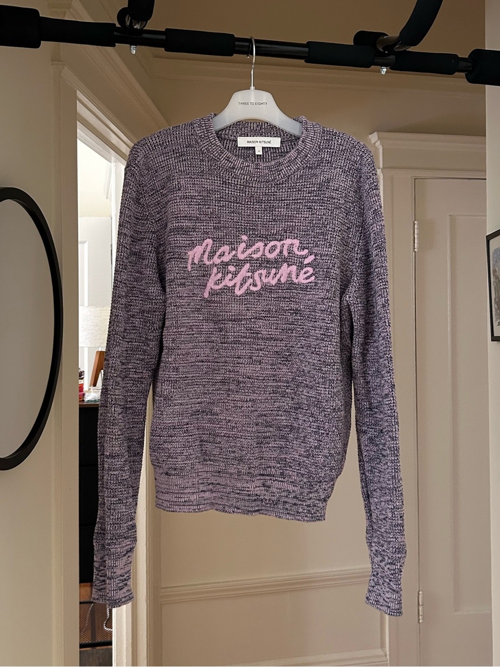 MAISON KITSUNE Lavender Marled Crewneck with Pink Script Logo